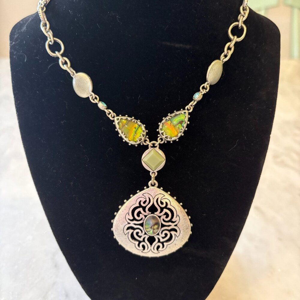 Mixed Metal Necklace with Faux Abalone Inlay and Crystals - 16 inches length